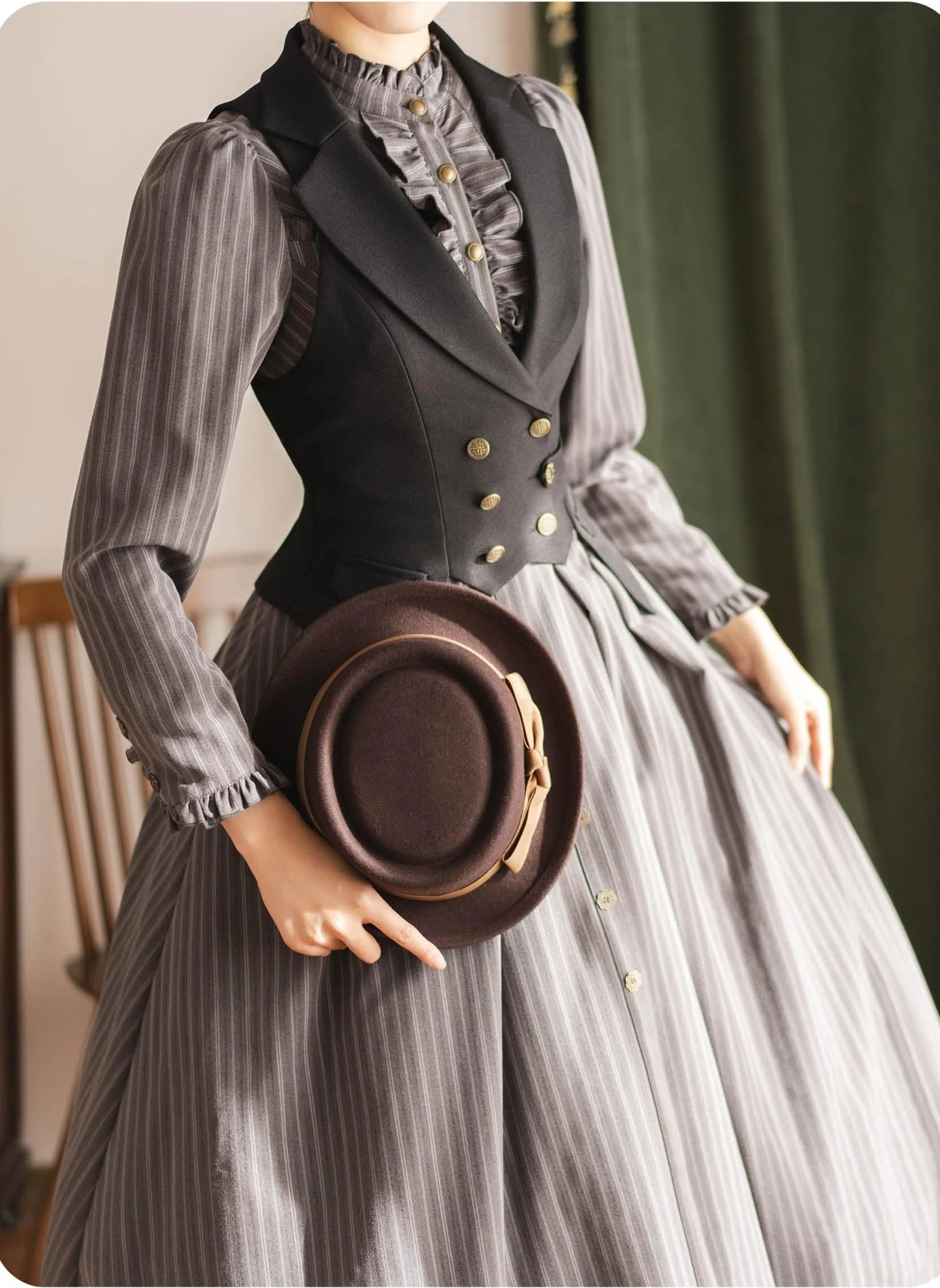 Forest Castle - Classic Lolita Long Striped Dress, Irregular Hem Vest - Image 28