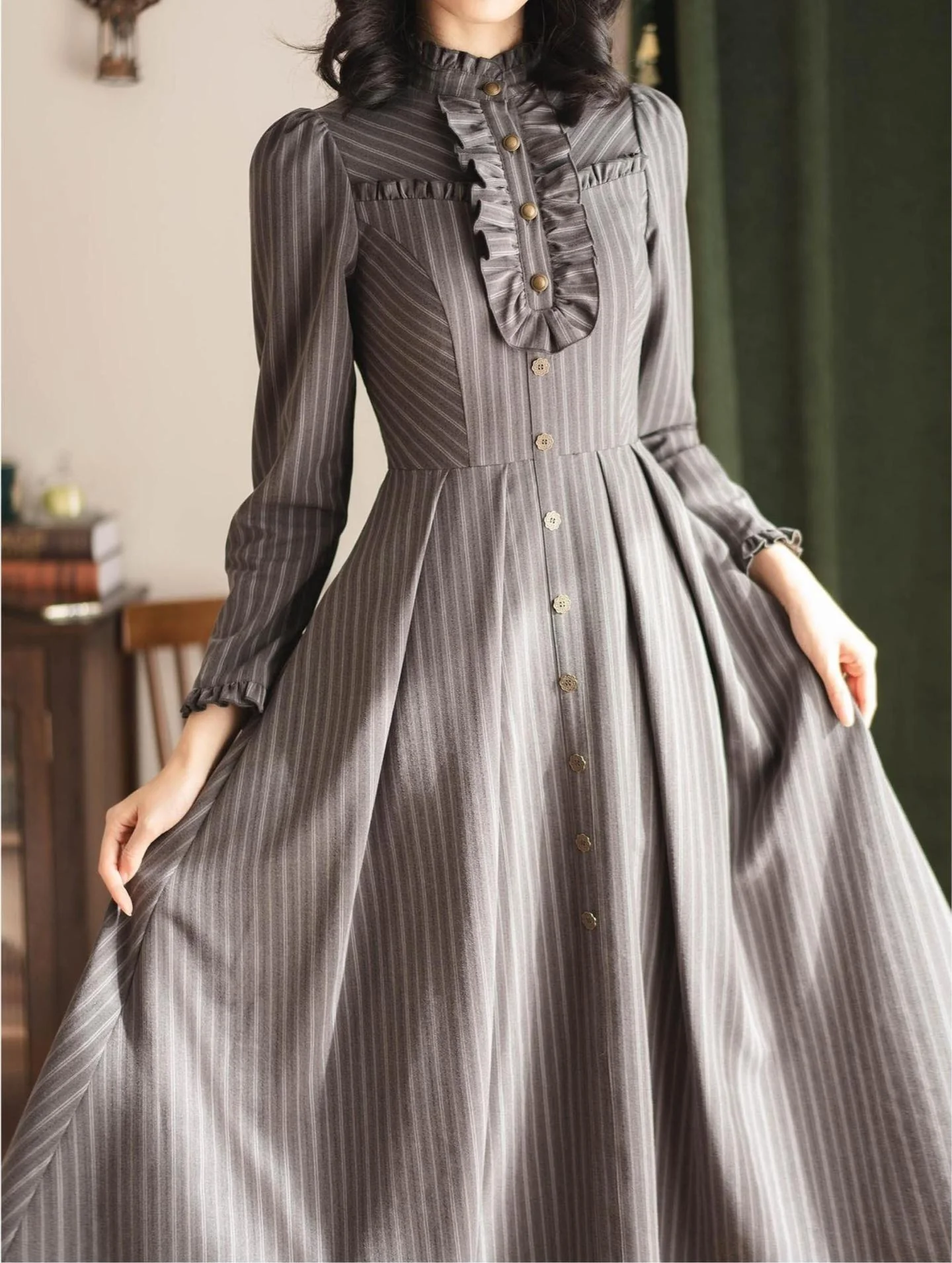 Forest Castle - Classic Lolita Long Striped Dress, Irregular Hem Vest - Image 29