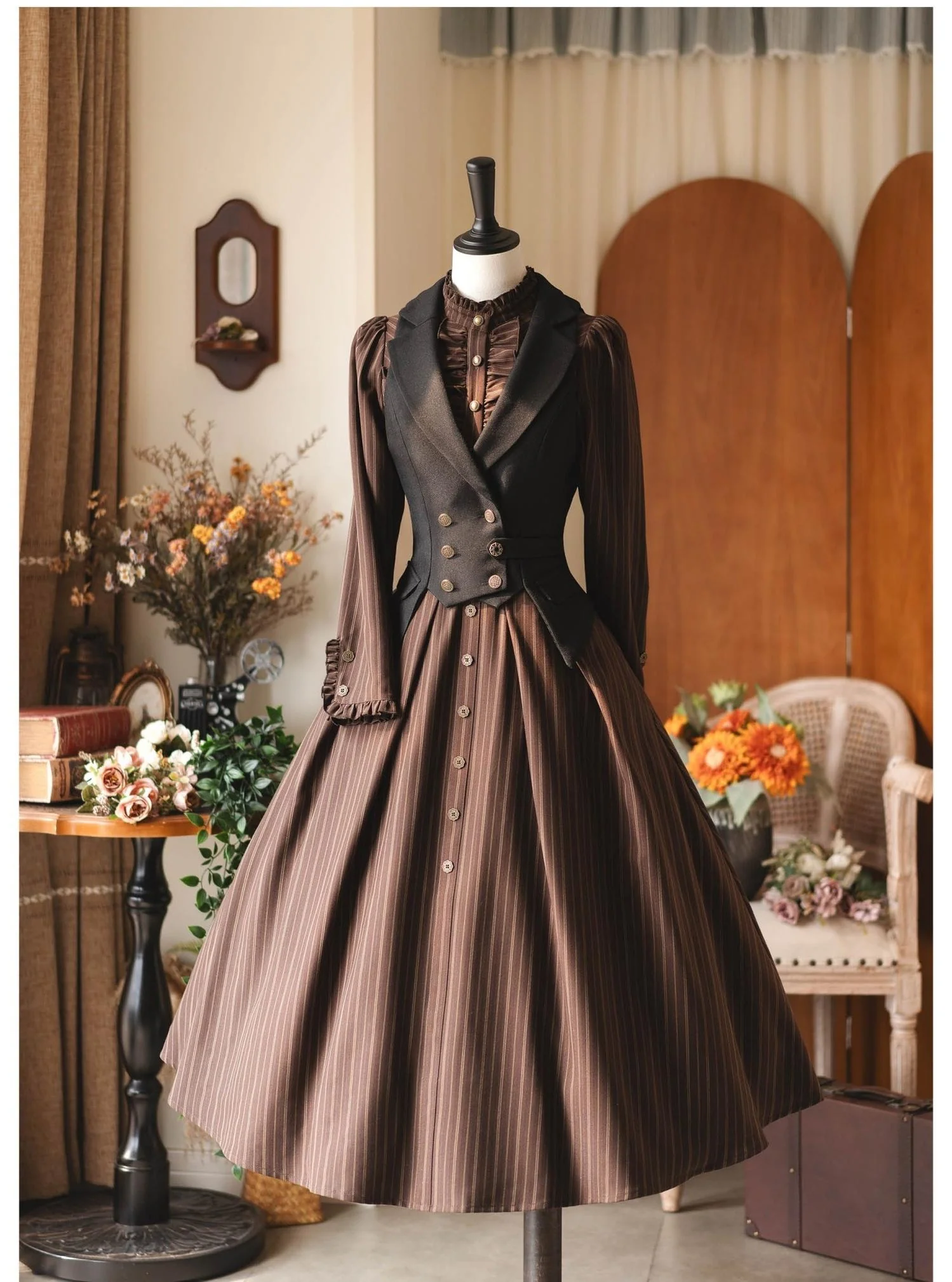 Forest Castle - Classic Lolita Long Striped Dress, Irregular Hem Vest - Image 3