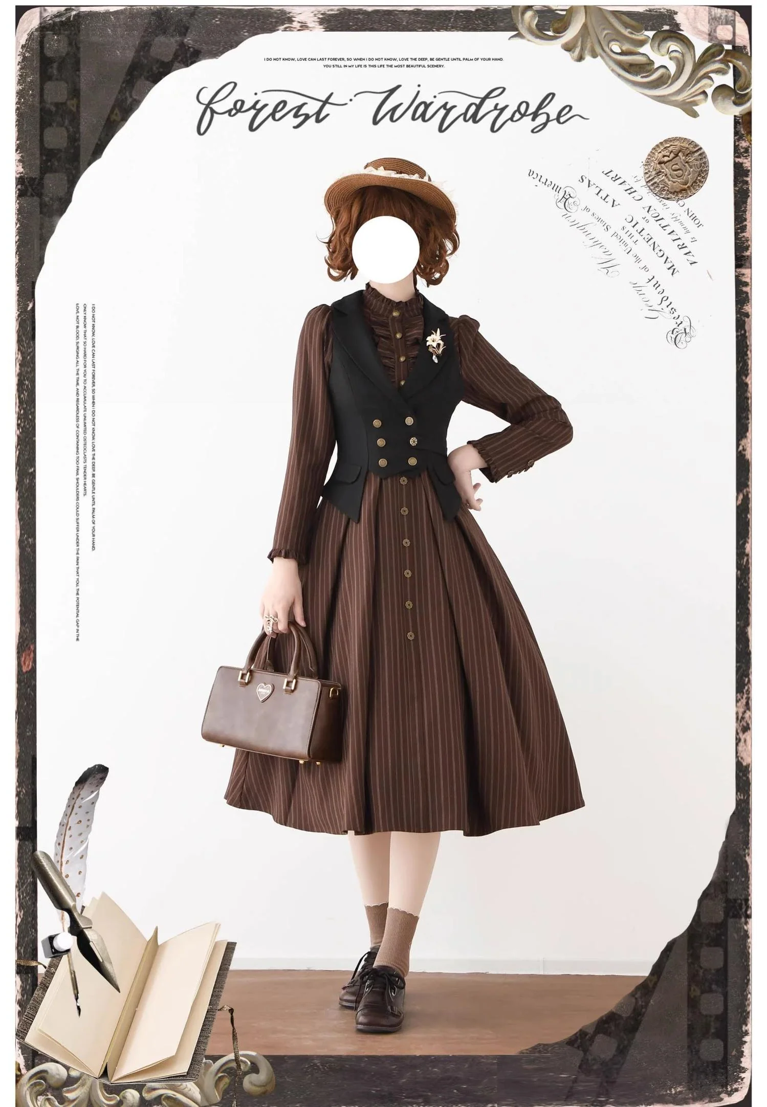 Forest Castle - Classic Lolita Long Striped Dress, Irregular Hem Vest - Image 32