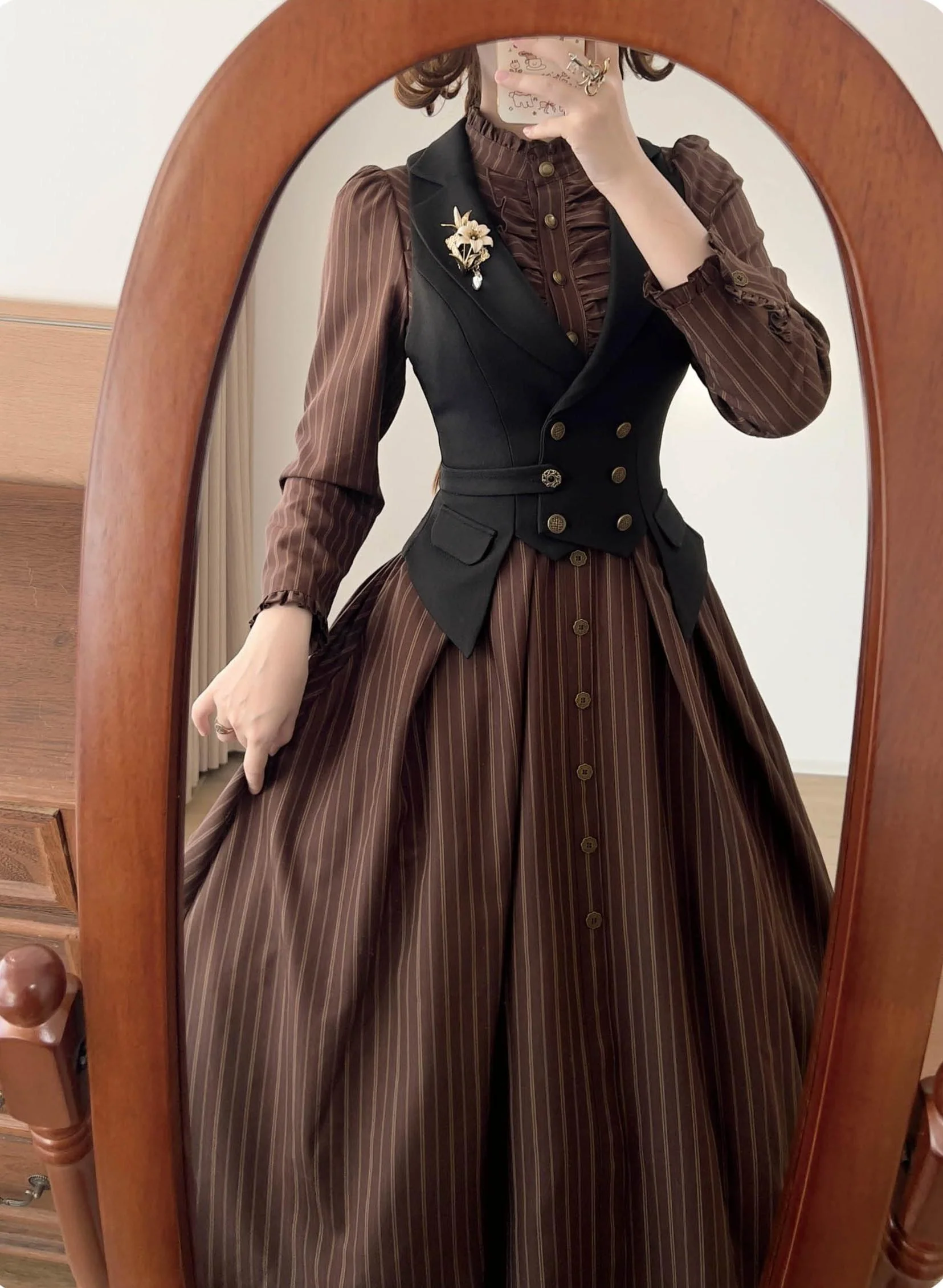 Forest Castle - Classic Lolita Long Striped Dress, Irregular Hem Vest - Image 34