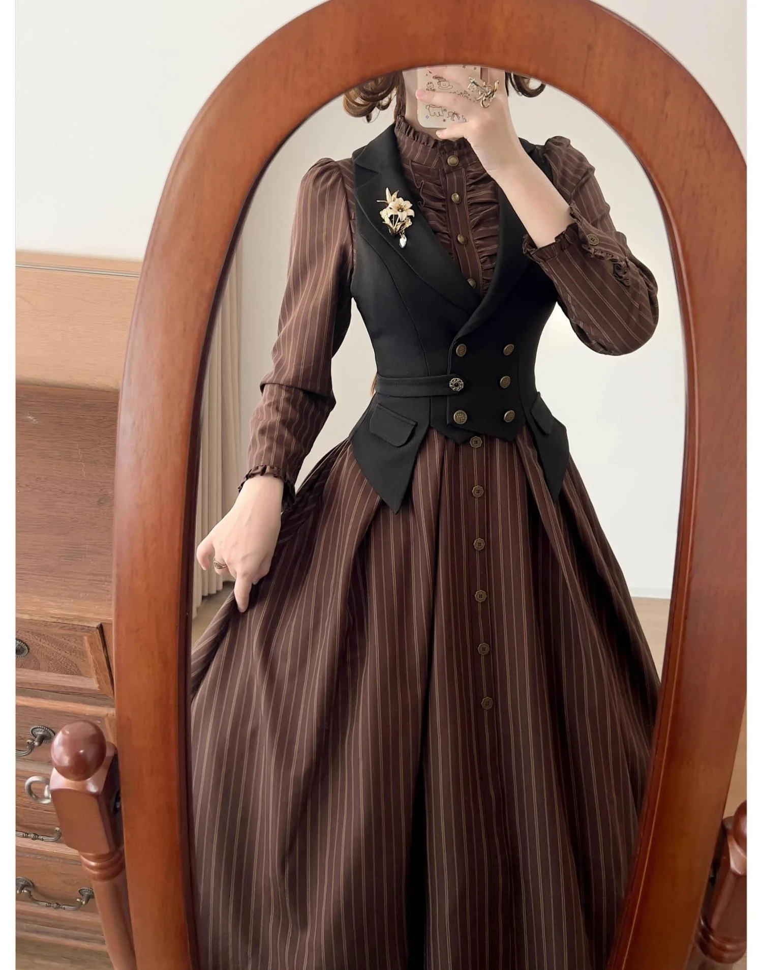 Forest Castle - Classic Lolita Long Striped Dress, Irregular Hem Vest - Image 35