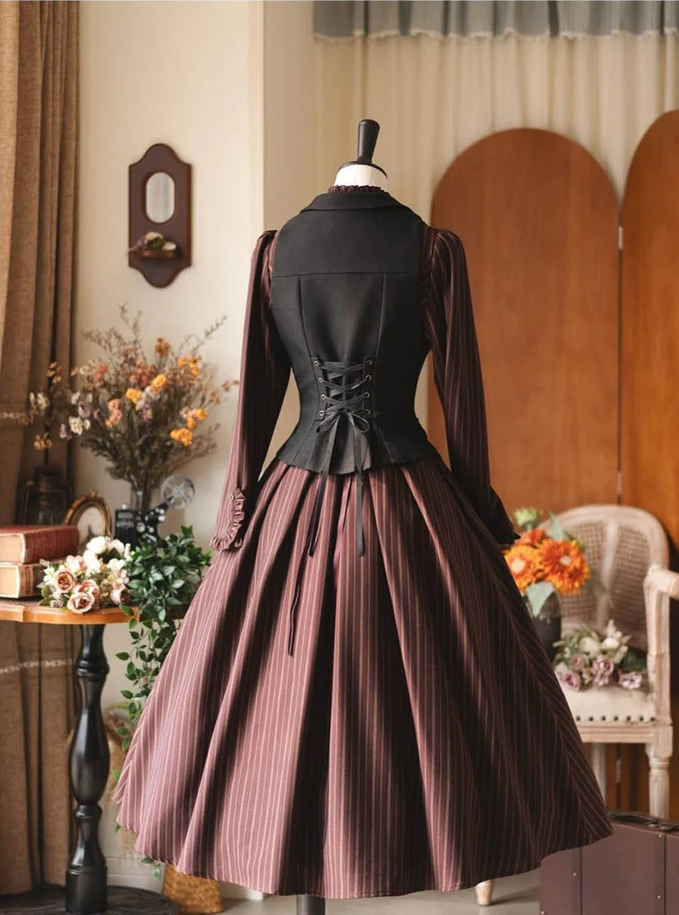 Forest Castle - Classic Lolita Long Striped Dress, Irregular Hem Vest - Image 6