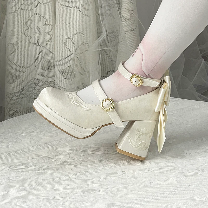 Dreamland - Dreamlike Lily of the Valley - Classic Lolita Platform Shoes with Back Large Bow - Image 17