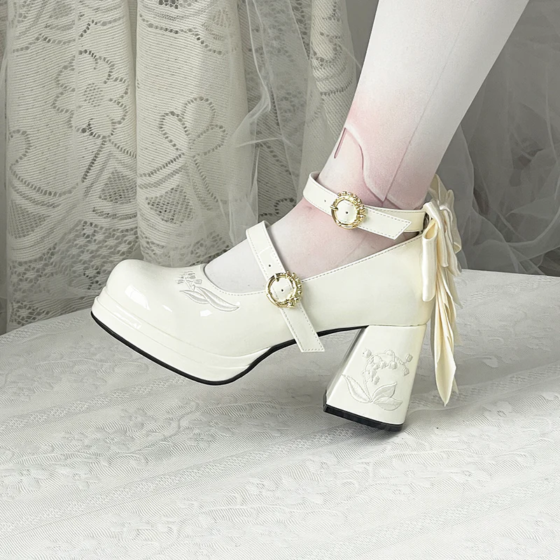 Dreamland - Dreamlike Lily of the Valley - Classic Lolita Platform Shoes with Back Large Bow - Image 20