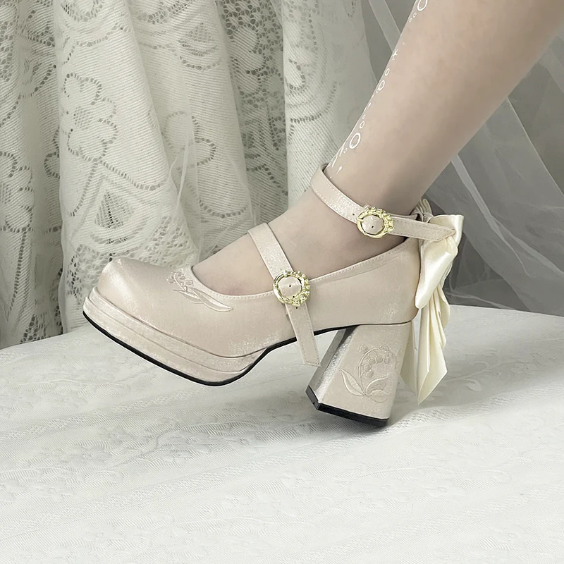 Dreamland - Dreamlike Lily of the Valley - Classic Lolita Platform Shoes with Back Large Bow - Image 24