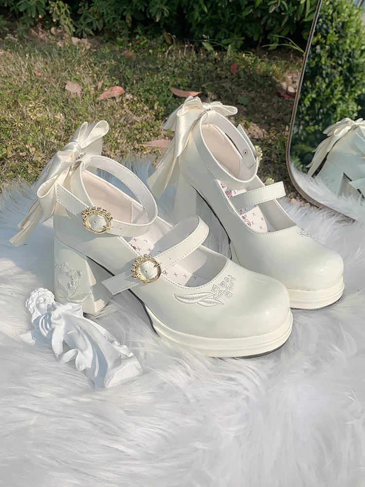 Dreamland - Dreamlike Lily of the Valley - Classic Lolita Platform Shoes with Back Large Bow - Image 8