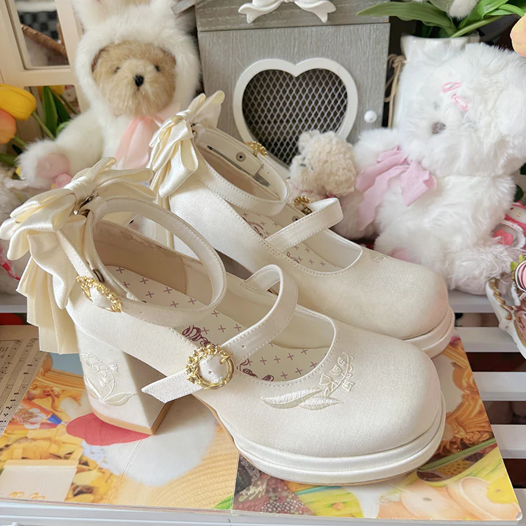 Dreamland - Dreamlike Lily of the Valley - Classic Lolita Platform Shoes with Back Large Bow - Image 9