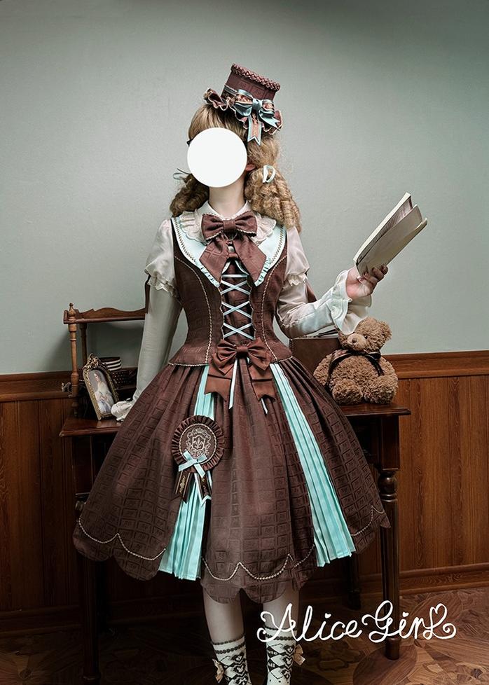 Bear Chocolate Slab - Classic Lolita Pleated JSK & SK Dress, Side Zipper - Image 10