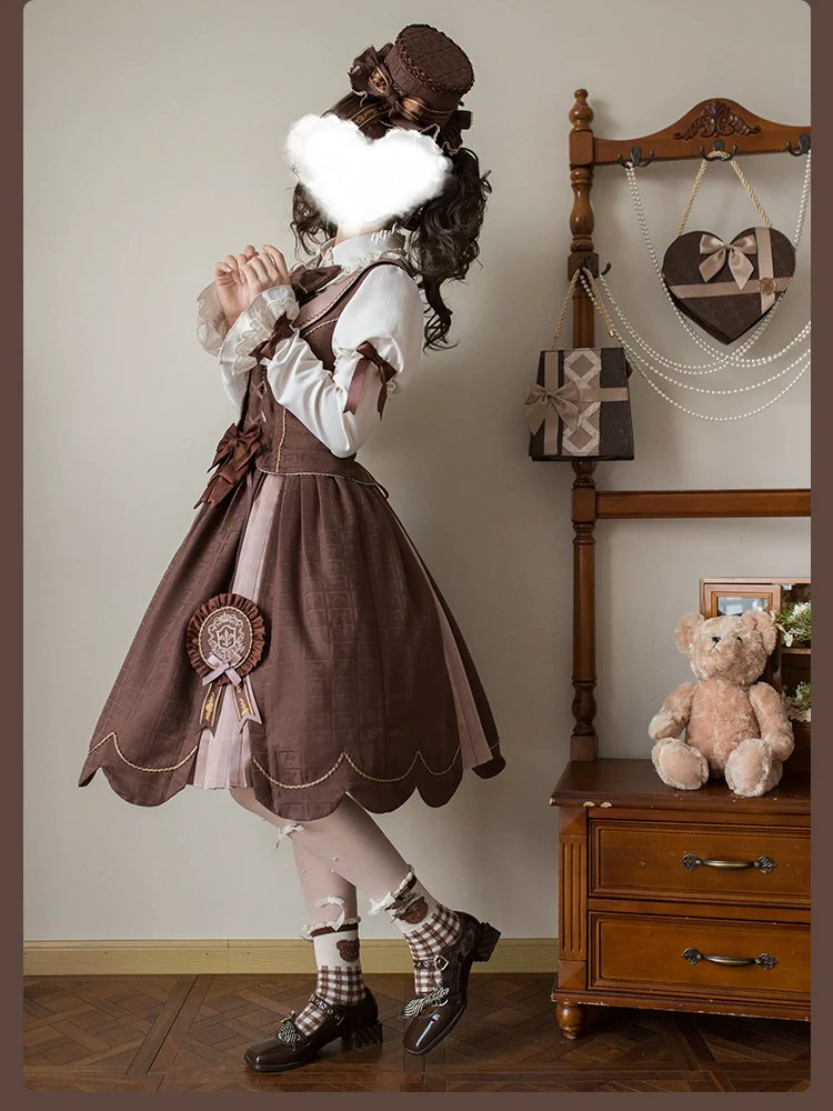 Bear Chocolate Slab - Classic Lolita Pleated JSK & SK Dress, Side Zipper - Image 48