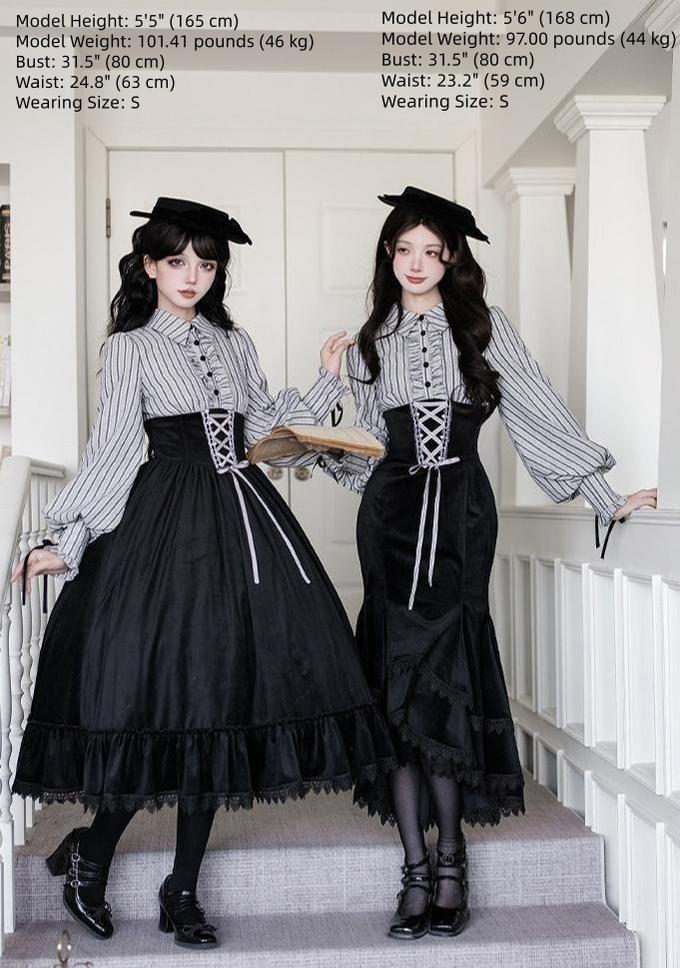 Dusk Moment - Classic Lolita Striped OP & Mermaid Dress Set, Fishbone Waist - Image 10