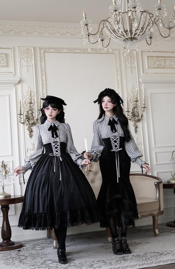 Dusk Moment - Classic Lolita Striped OP & Mermaid Dress Set, Fishbone Waist - Image 11