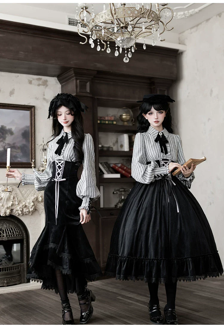 Dusk Moment - Classic Lolita Striped OP & Mermaid Dress Set, Fishbone Waist - Image 12
