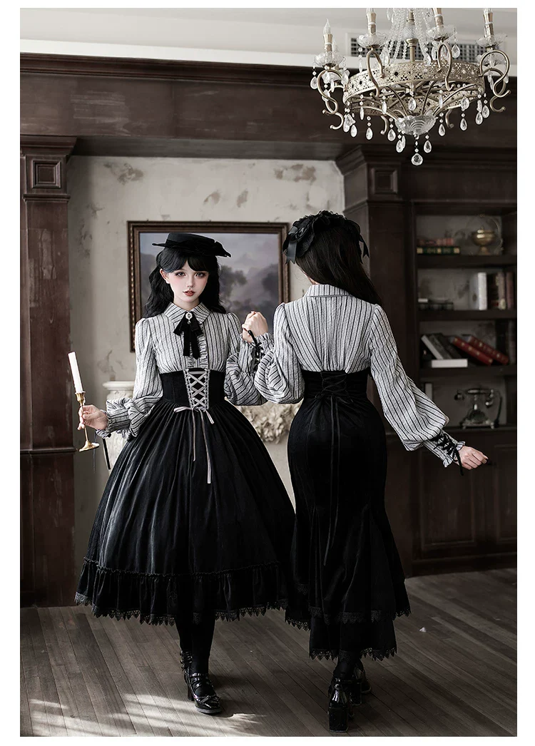 Dusk Moment - Classic Lolita Striped OP & Mermaid Dress Set, Fishbone Waist - Image 13