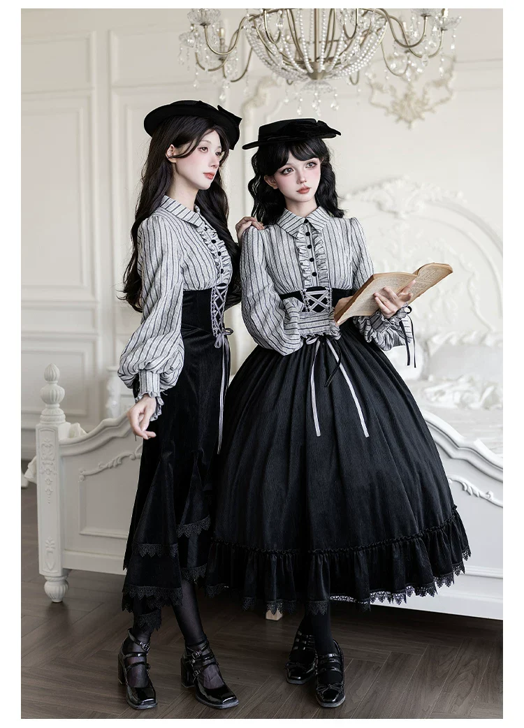 Dusk Moment - Classic Lolita Striped OP & Mermaid Dress Set, Fishbone Waist - Image 14