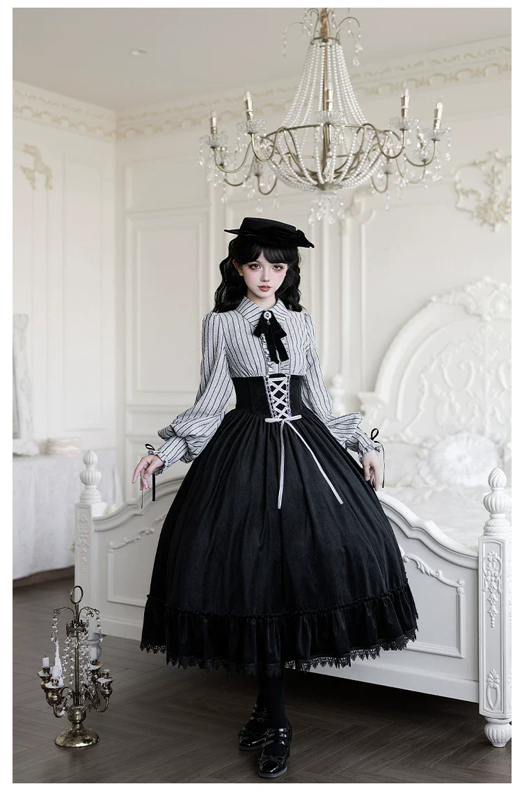 Dusk Moment - Classic Lolita Striped OP & Mermaid Dress Set, Fishbone Waist - Image 15