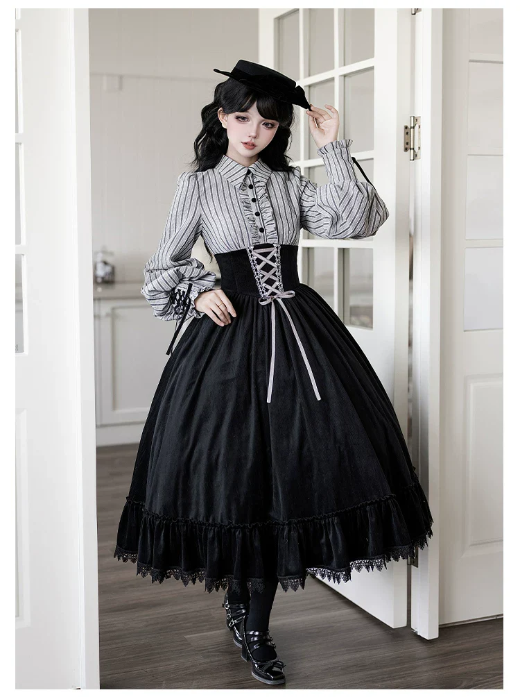 Dusk Moment - Classic Lolita Striped OP & Mermaid Dress Set, Fishbone Waist - Image 16