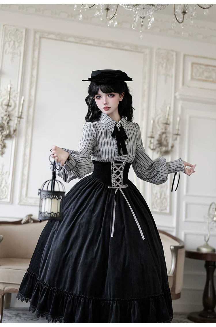Dusk Moment - Classic Lolita Striped OP & Mermaid Dress Set, Fishbone Waist - Image 17