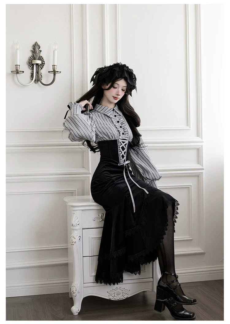 Dusk Moment - Classic Lolita Striped OP & Mermaid Dress Set, Fishbone Waist - Image 18