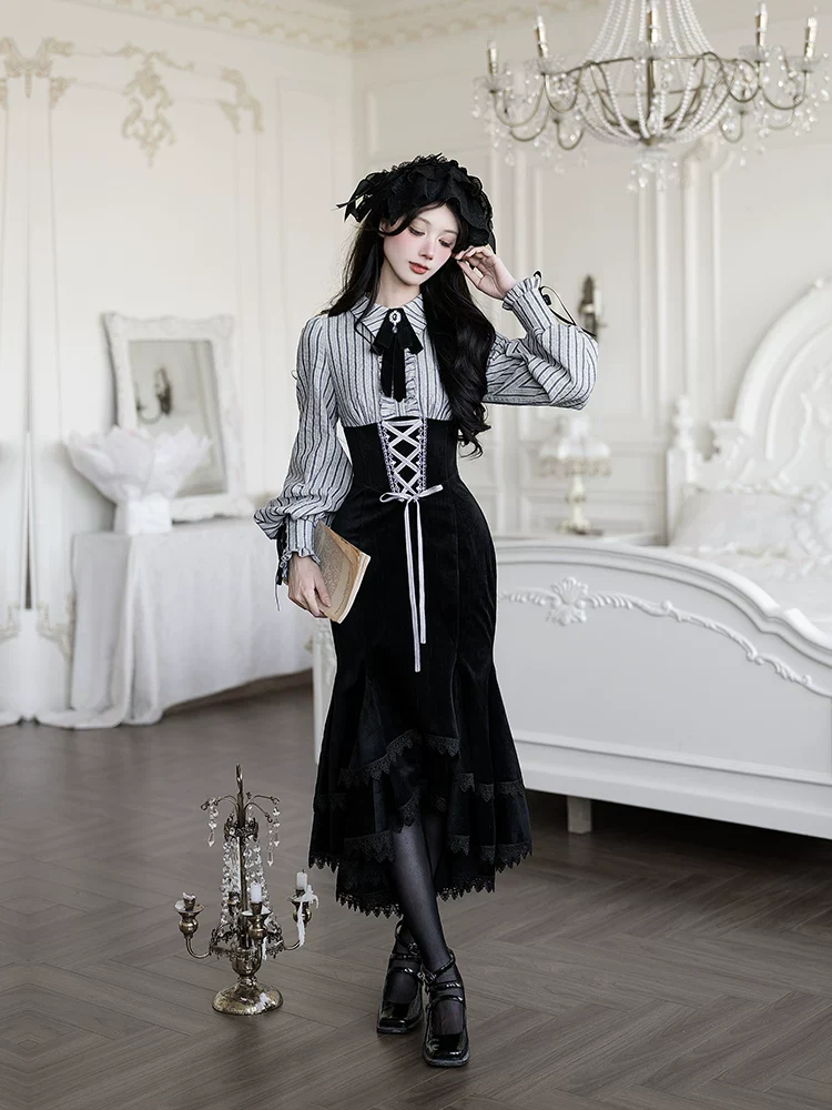 Dusk Moment - Classic Lolita Striped OP & Mermaid Dress Set, Fishbone Waist - Image 19