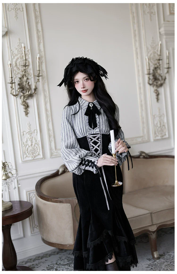 Dusk Moment - Classic Lolita Striped OP & Mermaid Dress Set, Fishbone Waist - Image 20