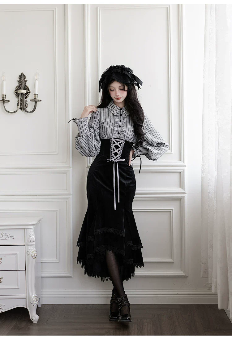 Dusk Moment - Classic Lolita Striped OP & Mermaid Dress Set, Fishbone Waist - Image 21