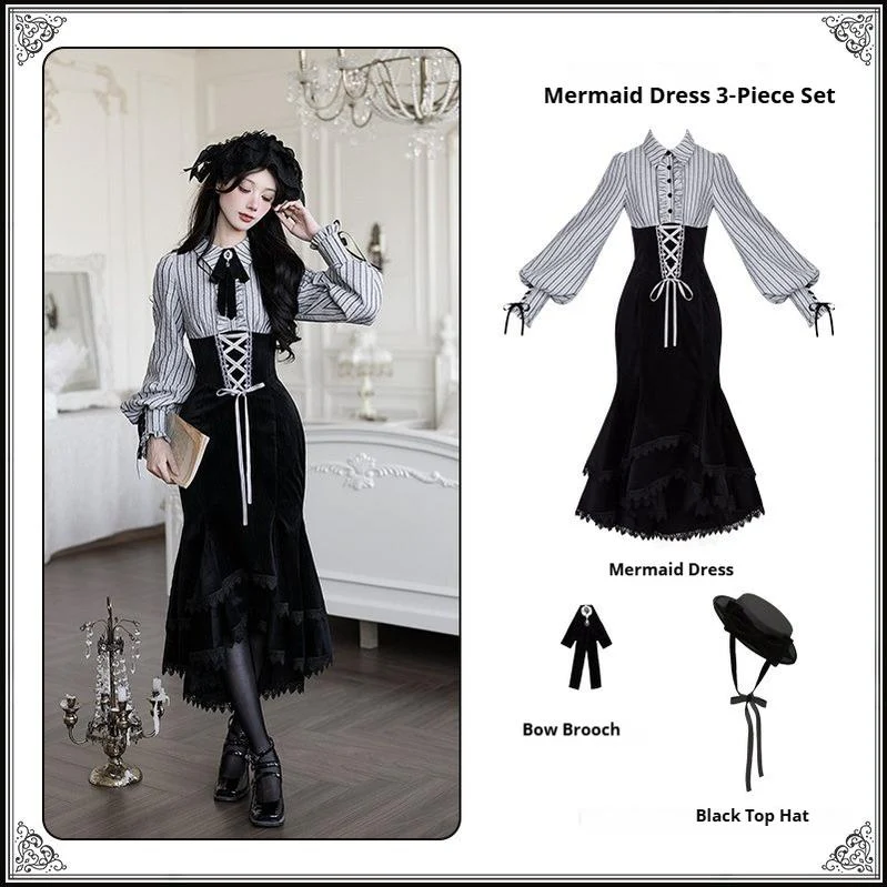 Dusk Moment - Classic Lolita Striped OP & Mermaid Dress Set, Fishbone Waist - Image 22