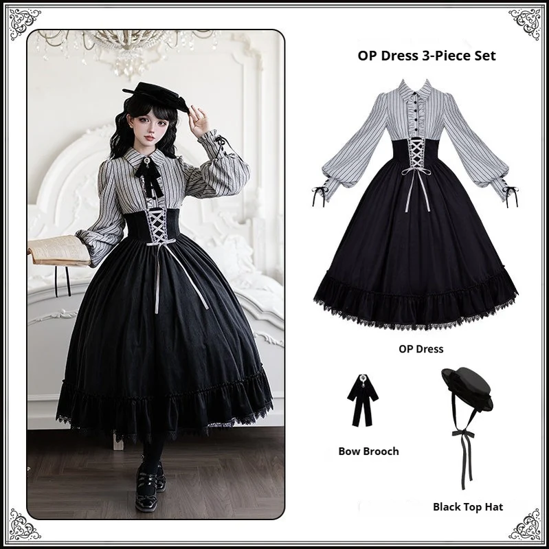 Dusk Moment - Classic Lolita Striped OP & Mermaid Dress Set, Fishbone Waist - Image 23