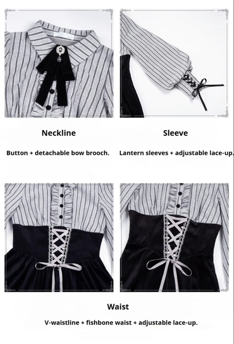 Dusk Moment - Classic Lolita Striped OP & Mermaid Dress Set, Fishbone Waist - Image 24
