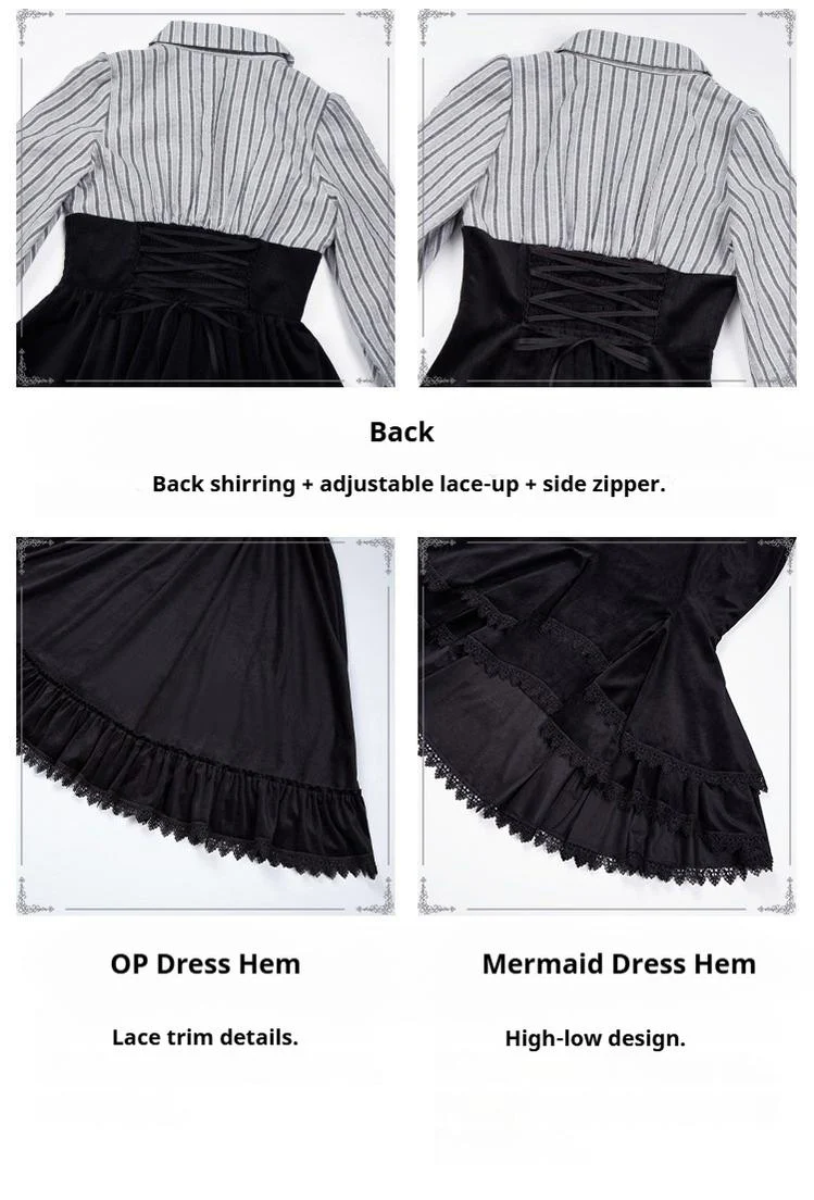 Dusk Moment - Classic Lolita Striped OP & Mermaid Dress Set, Fishbone Waist - Image 25