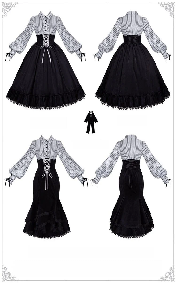 Dusk Moment - Classic Lolita Striped OP & Mermaid Dress Set, Fishbone Waist - Image 26