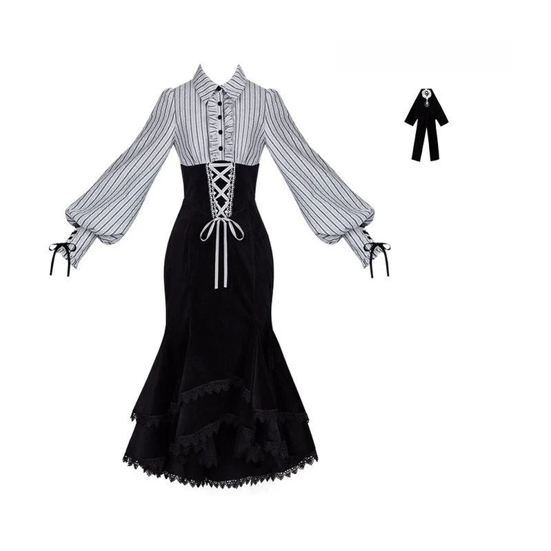 Dusk Moment - Classic Lolita Striped OP & Mermaid Dress Set, Fishbone Waist - Image 27