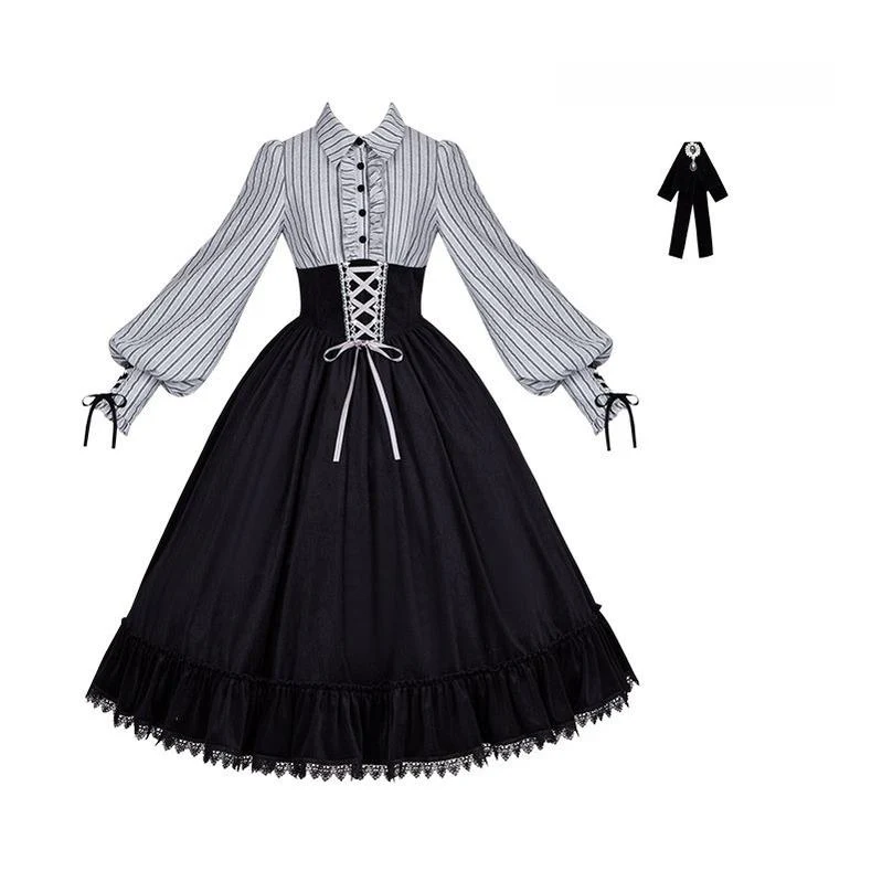 Dusk Moment - Classic Lolita Striped OP & Mermaid Dress Set, Fishbone Waist - Image 28