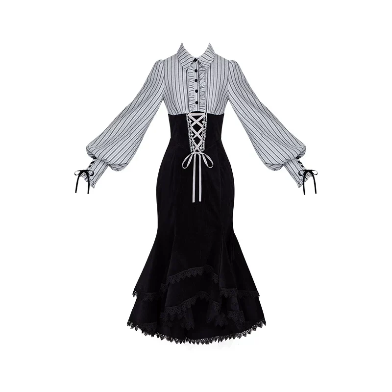 Dusk Moment - Classic Lolita Striped OP & Mermaid Dress Set, Fishbone Waist - Image 29