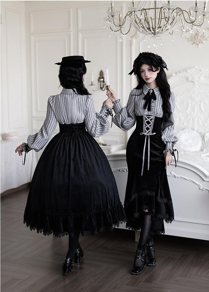 Dusk Moment - Classic Lolita Striped OP & Mermaid Dress Set, Fishbone Waist - Image 3