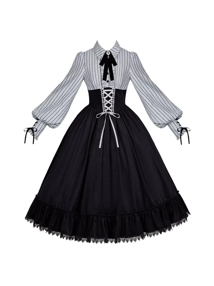 Dusk Moment - Classic Lolita Striped OP & Mermaid Dress Set, Fishbone Waist - Image 30