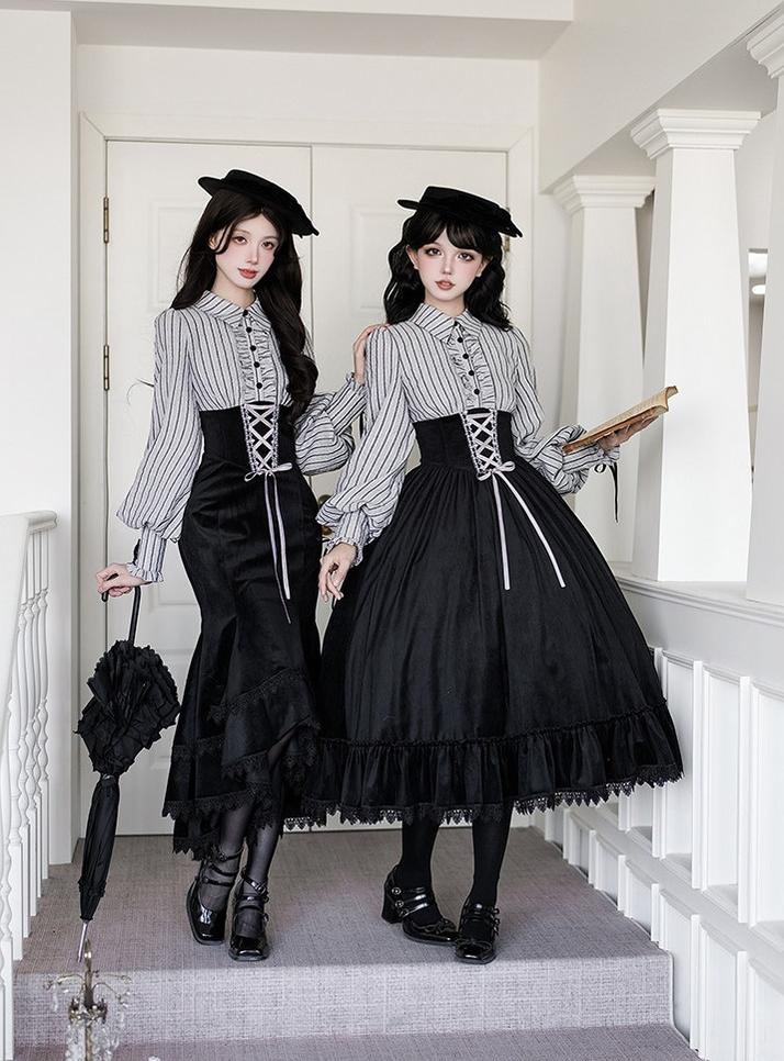 Dusk Moment - Classic Lolita Striped OP & Mermaid Dress Set, Fishbone Waist - Image 4