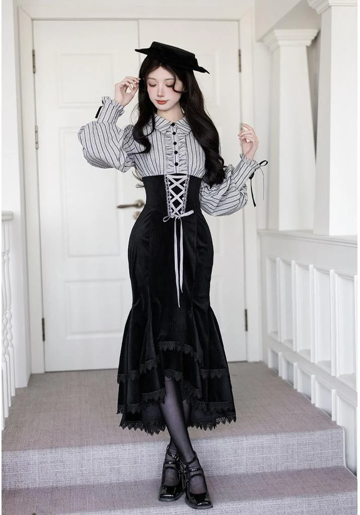 Dusk Moment - Classic Lolita Striped OP & Mermaid Dress Set, Fishbone Waist - Image 5