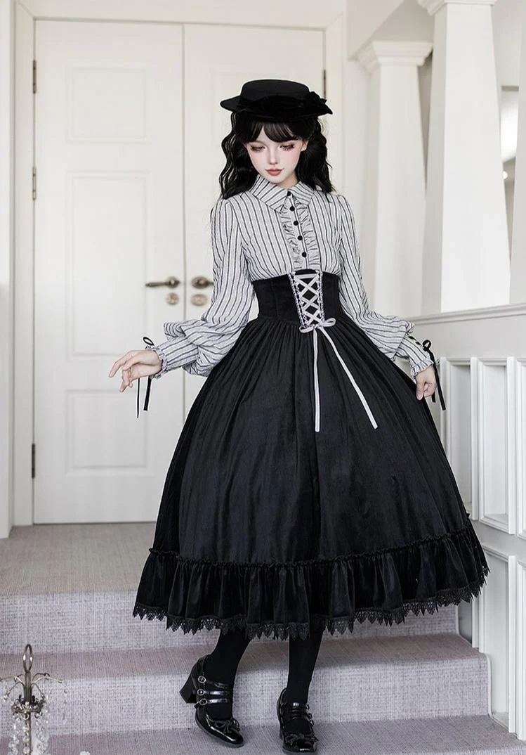 Dusk Moment - Classic Lolita Striped OP & Mermaid Dress Set, Fishbone Waist - Image 7