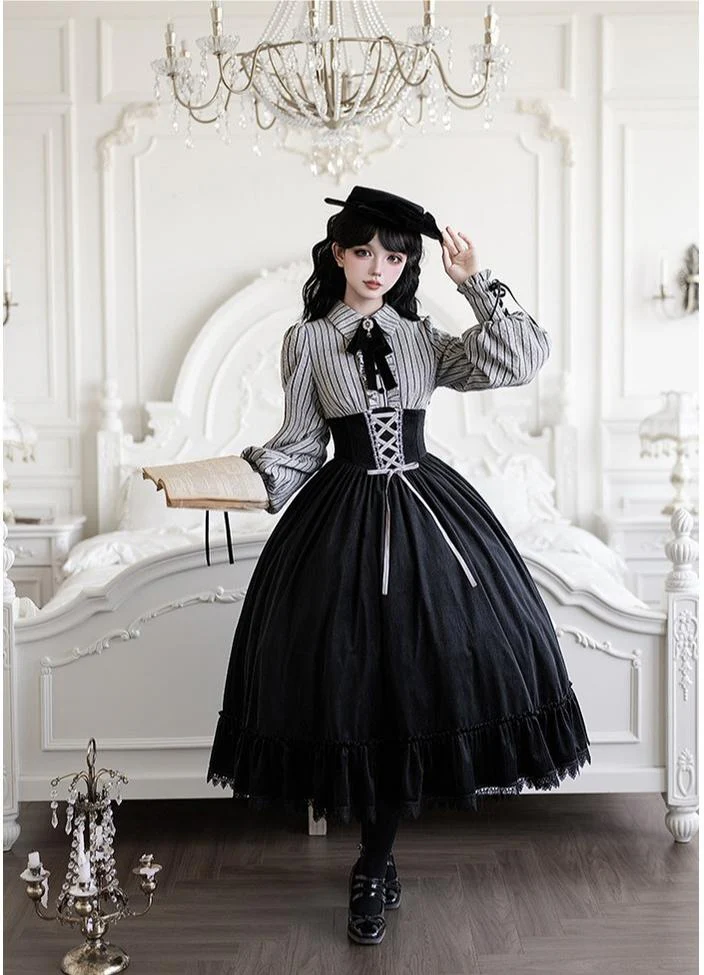 Dusk Moment - Classic Lolita Striped OP & Mermaid Dress Set, Fishbone Waist - Image 8