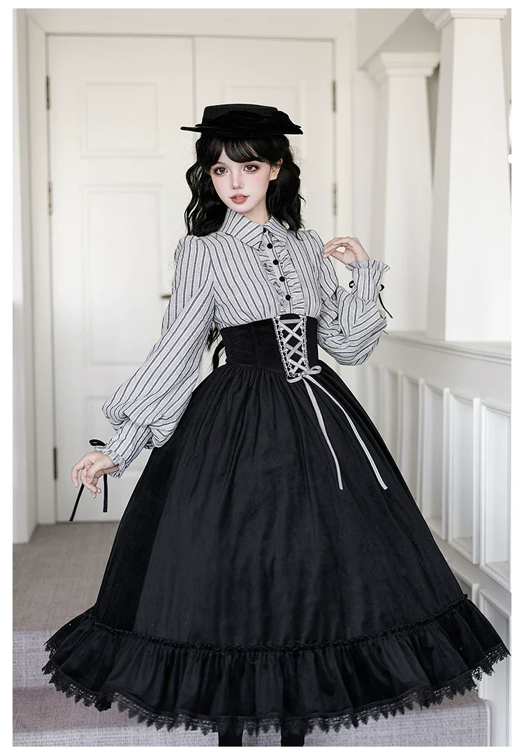 Dusk Moment - Classic Lolita Striped OP & Mermaid Dress Set, Fishbone Waist - Image 9