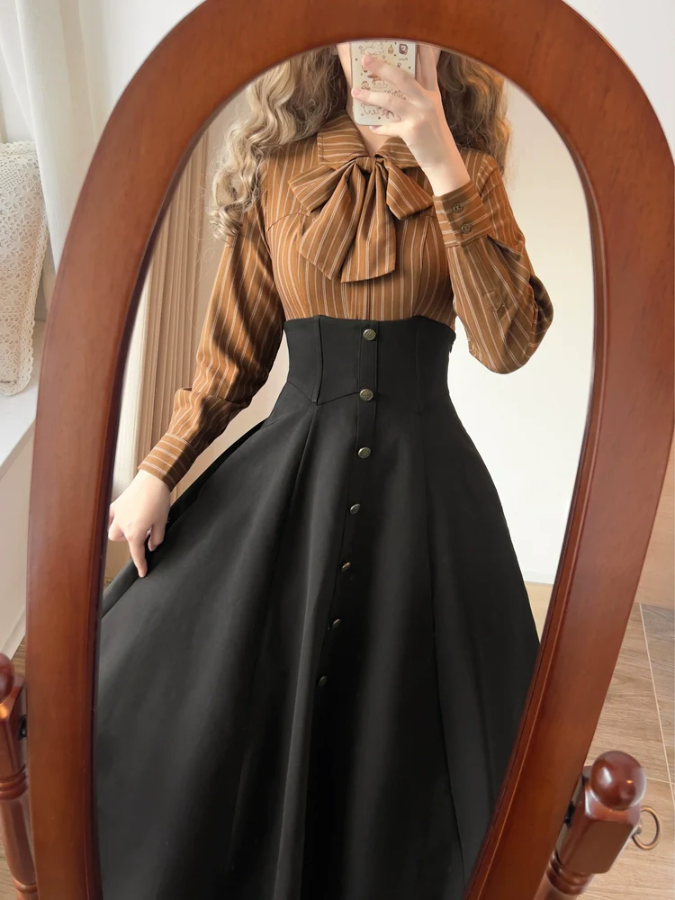 Forest Ode - Classic Lolita Striped Shirt, Detachable Bow Tie - Image 19