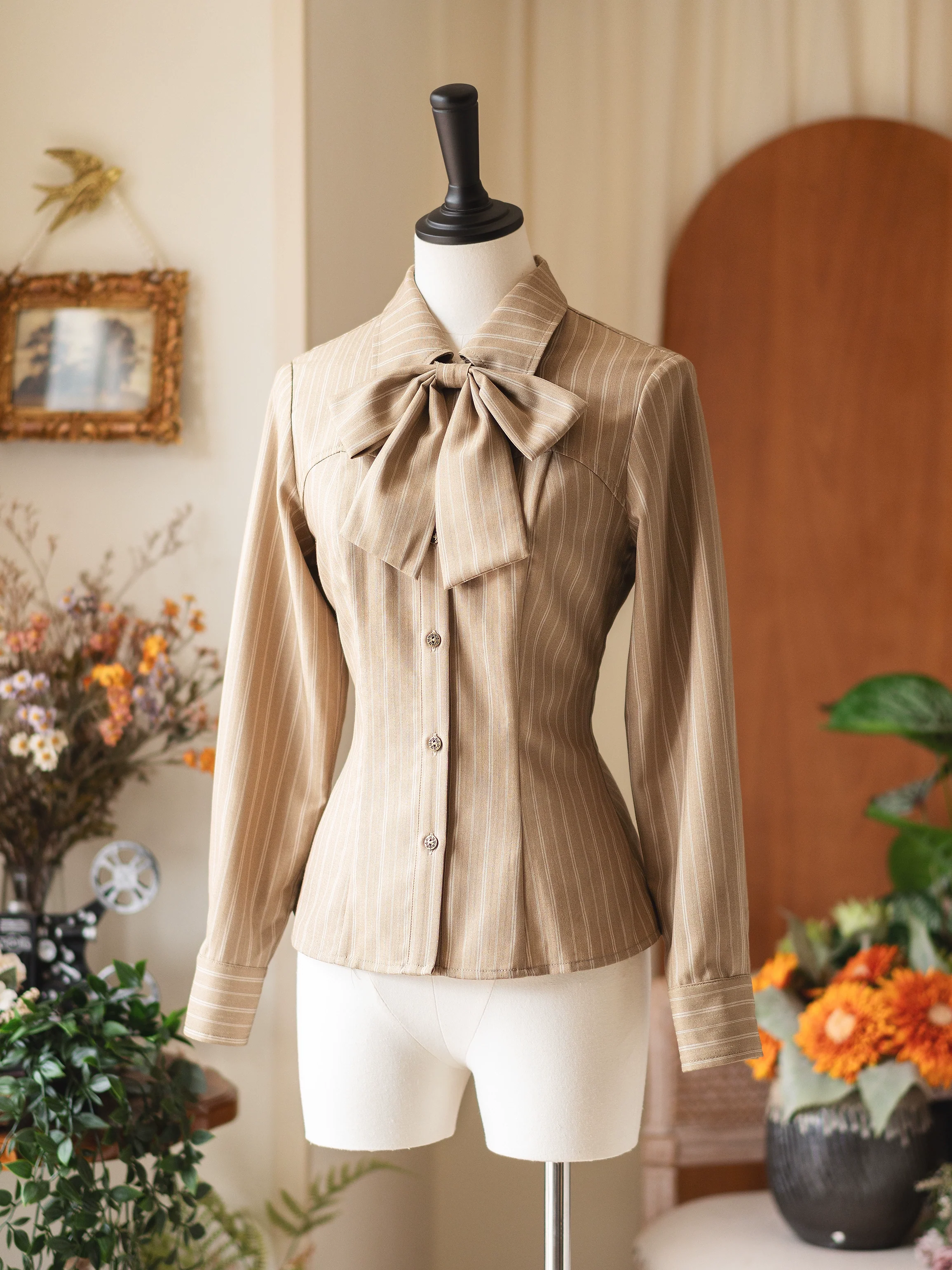 Forest Ode - Classic Lolita Striped Shirt, Detachable Bow Tie - Image 3