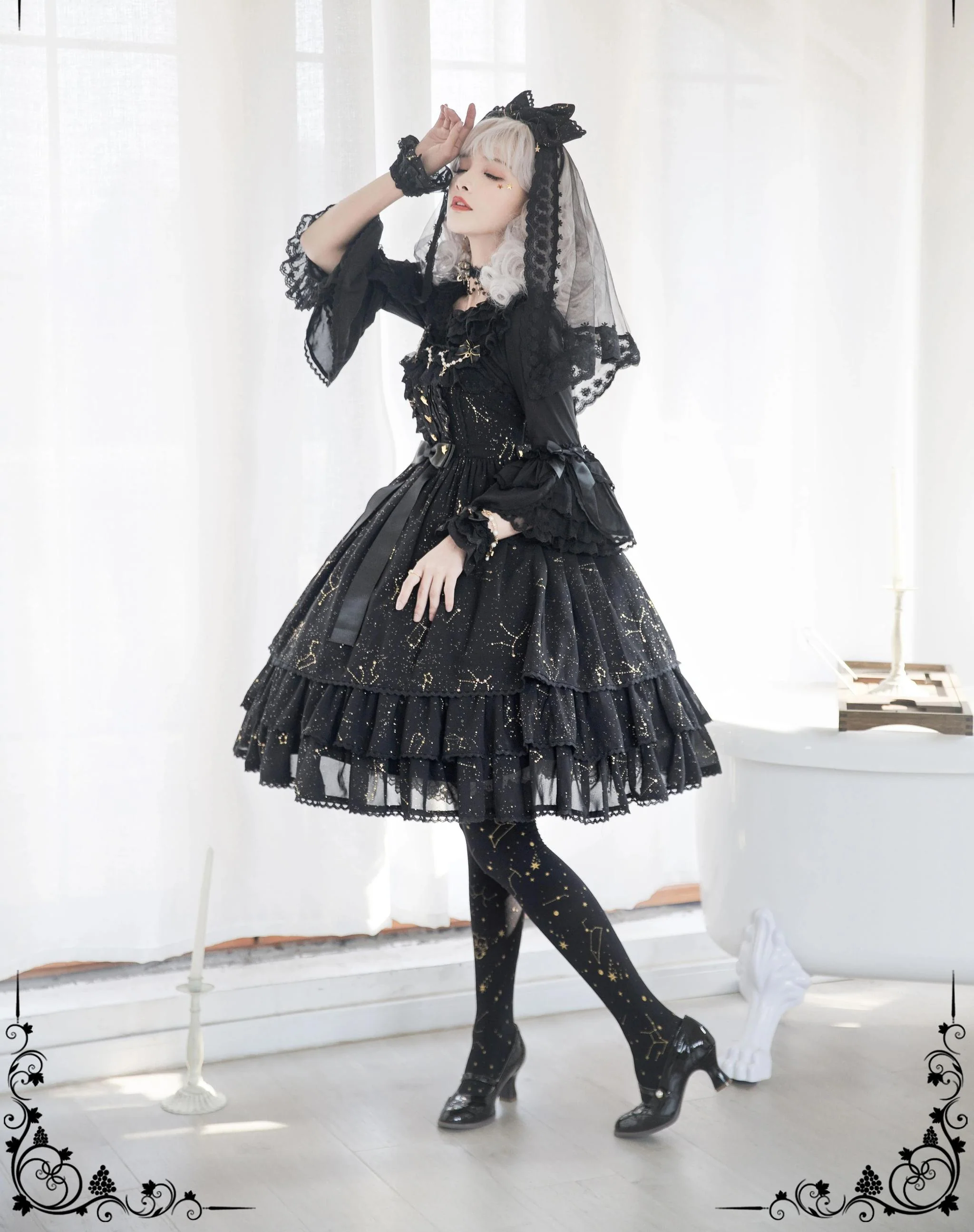 Whisper of Stars - Elegant Lolita Black JSK Dress, Constellation Foil Printing - Image 11