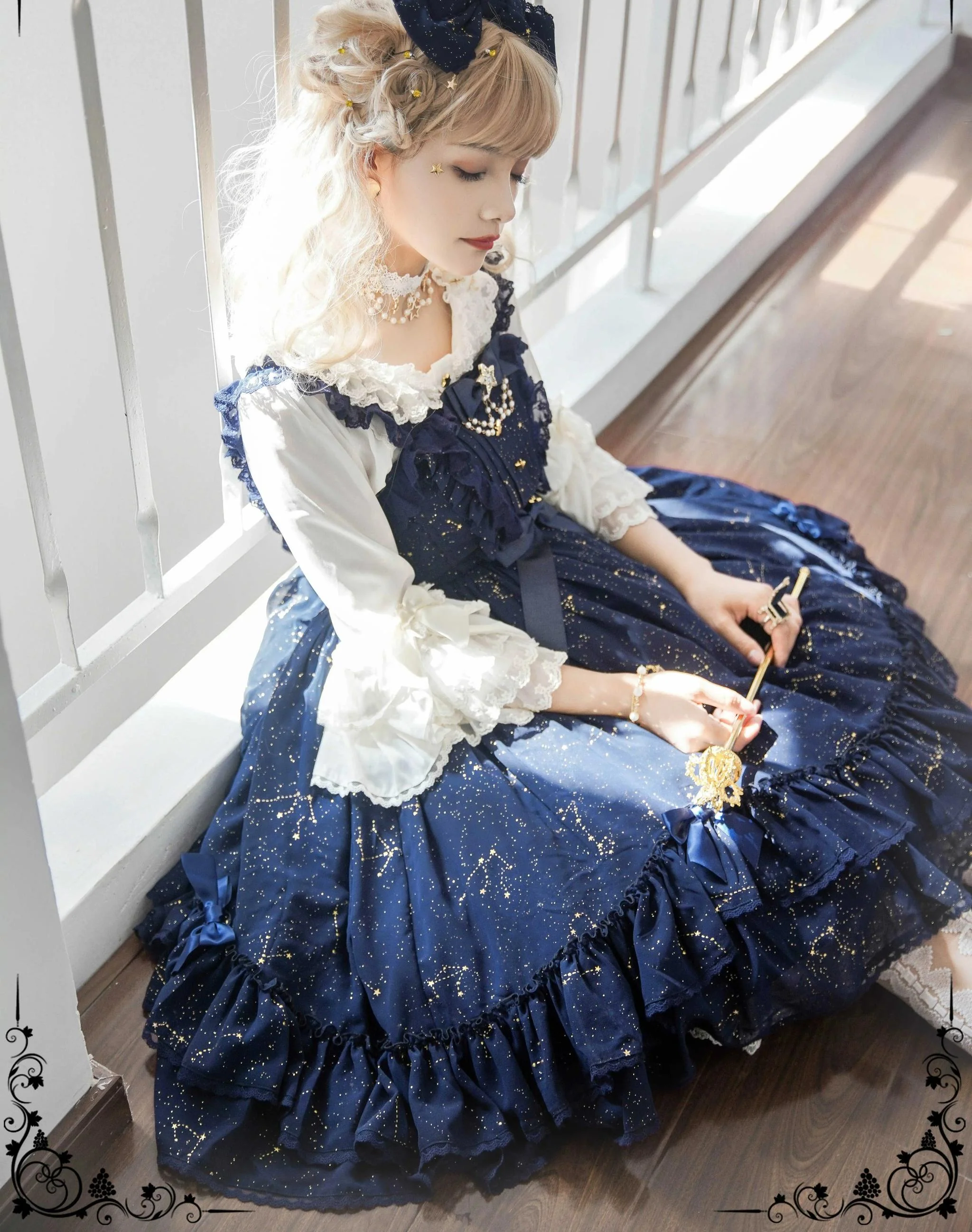 Whisper of Stars - Elegant Lolita Black JSK Dress, Constellation Foil Printing - Image 19
