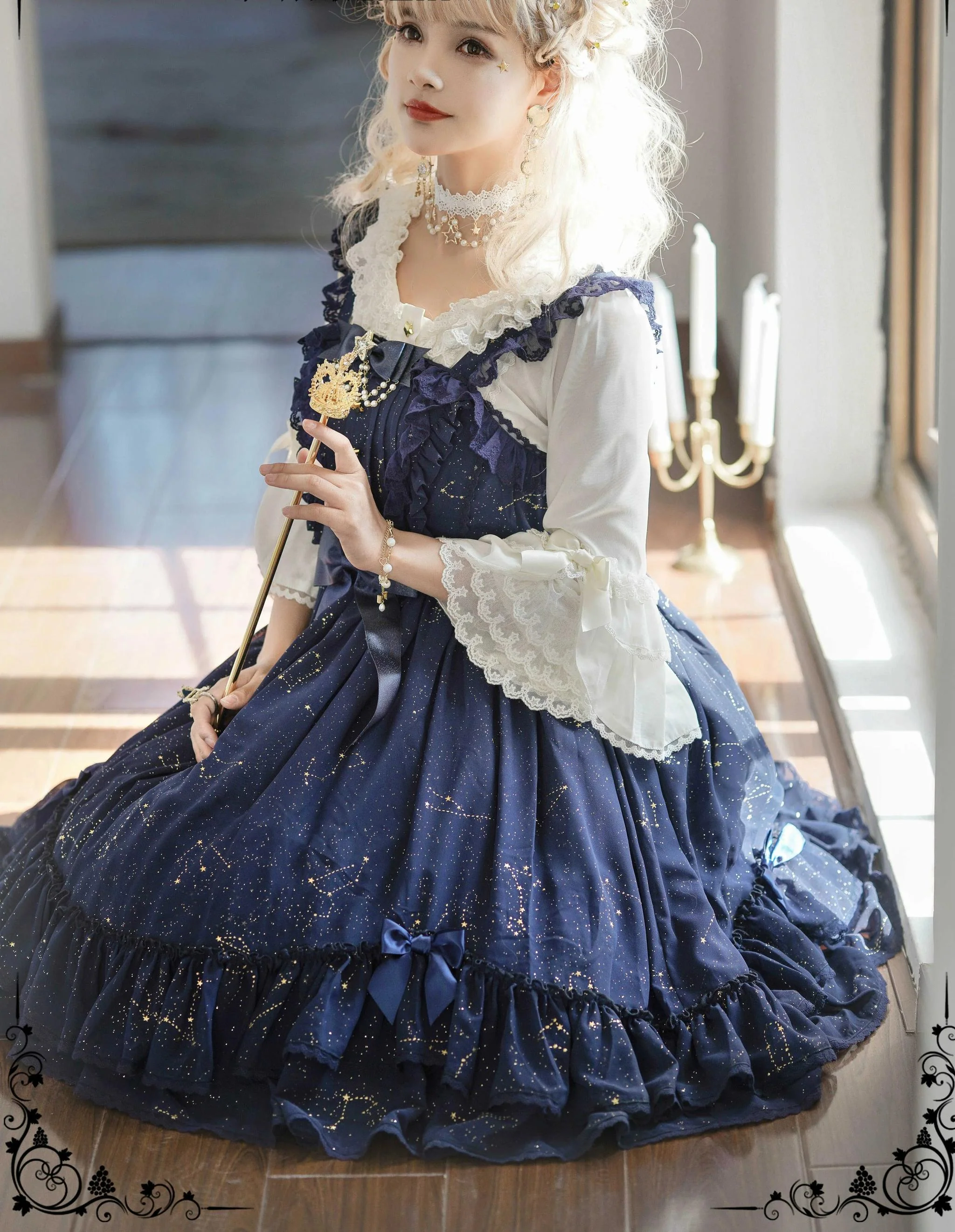 Whisper of Stars - Elegant Lolita Black JSK Dress, Constellation Foil Printing - Image 20
