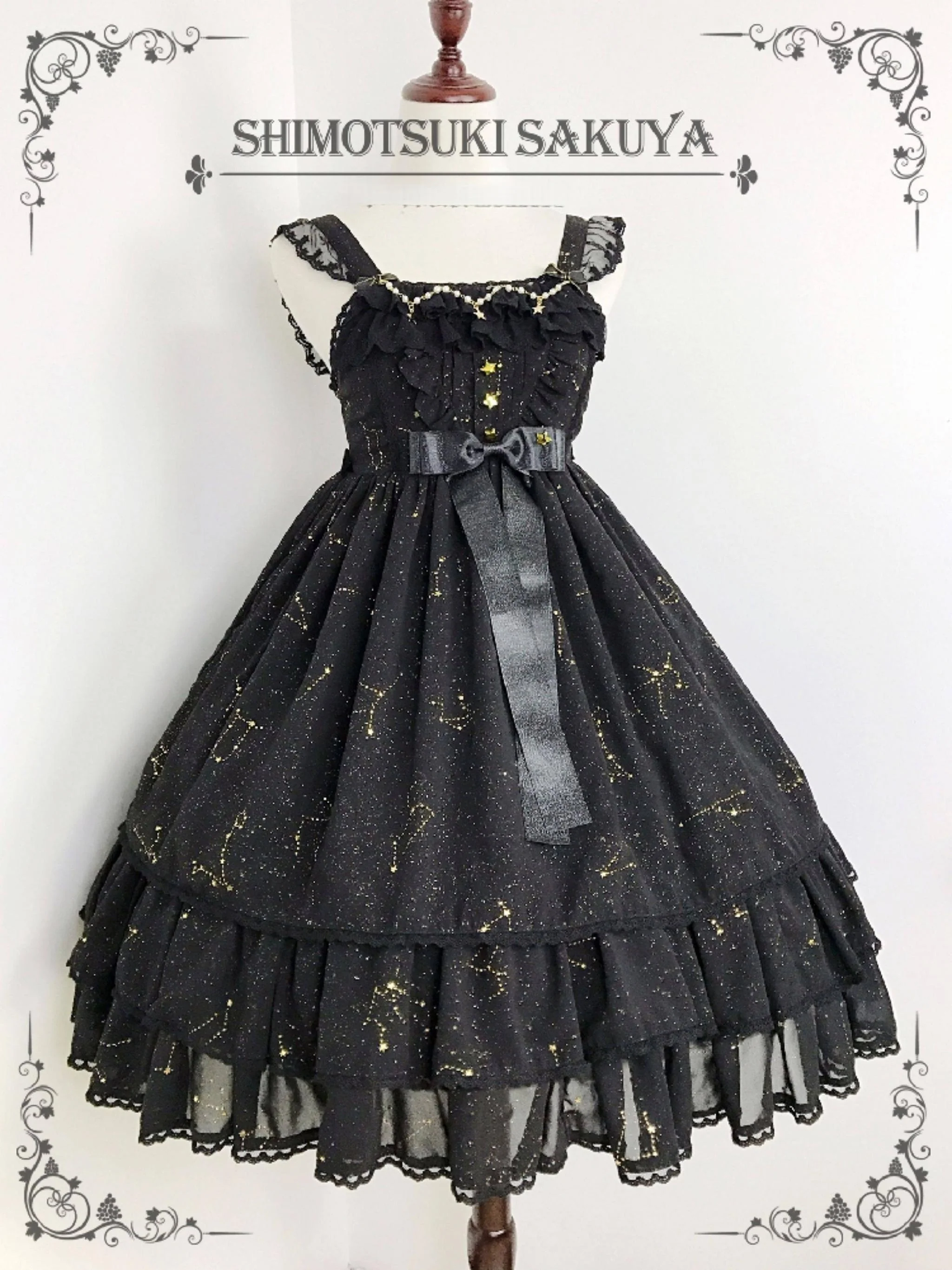 Whisper of Stars - Elegant Lolita Black JSK Dress, Constellation Foil Printing - Image 3