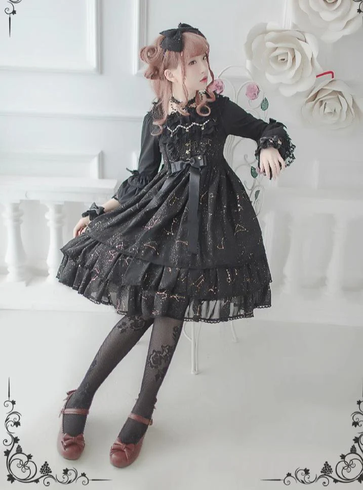 Whisper of Stars - Elegant Lolita Black JSK Dress, Constellation Foil Printing - Image 5