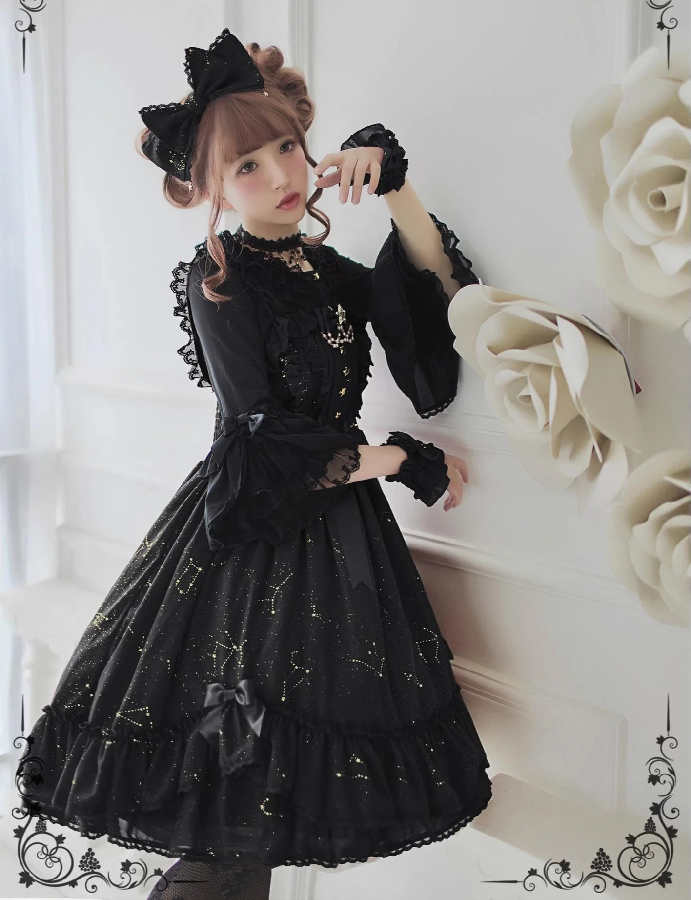 Whisper of Stars - Elegant Lolita Black JSK Dress, Constellation Foil Printing - Image 6