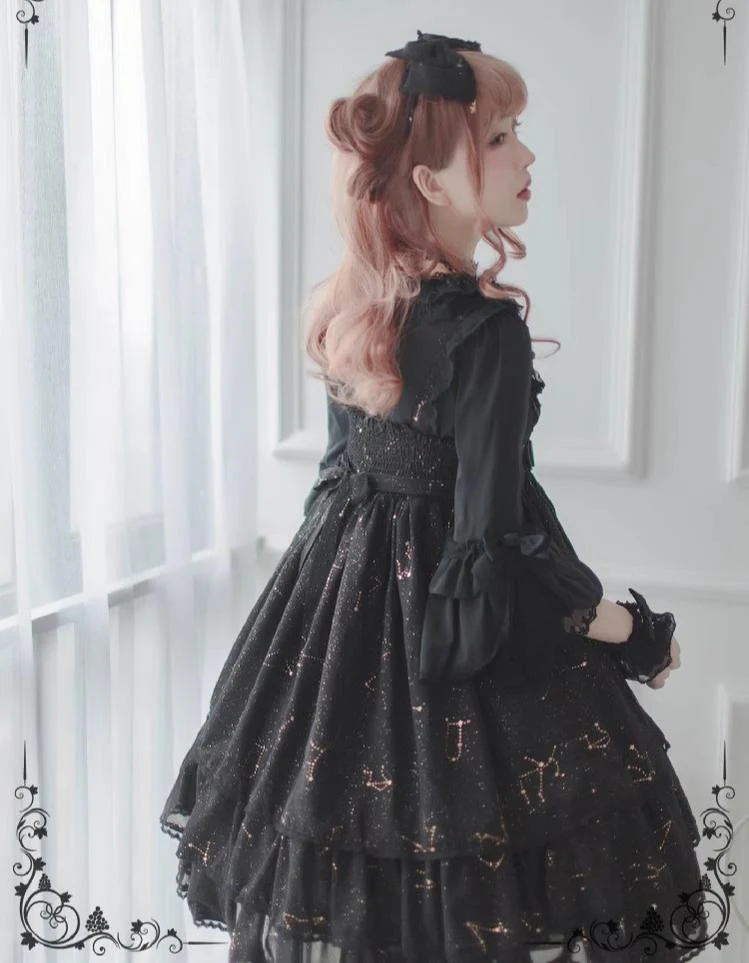 Whisper of Stars - Elegant Lolita Black JSK Dress, Constellation Foil Printing - Image 7